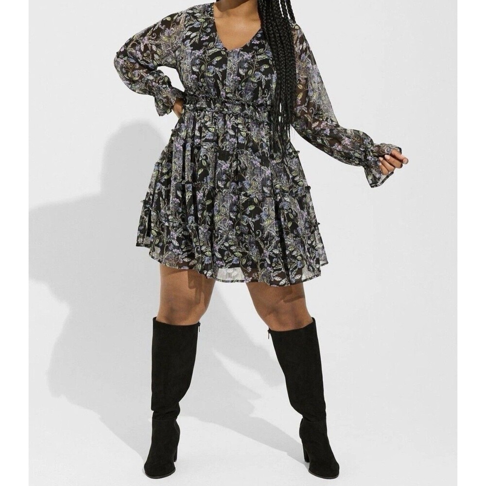 TORRID Black Floral V-Neck Tiered Long-Sleeve Dress Plus 2X Chiffon Lurex Mini